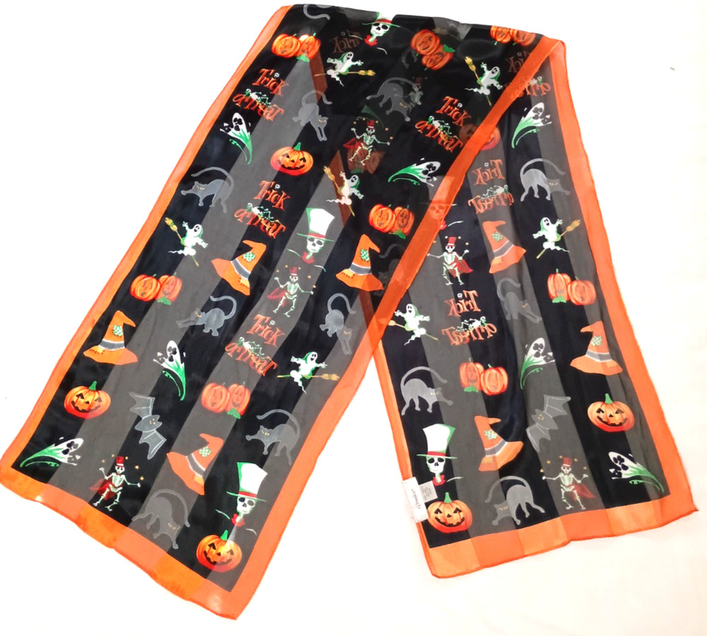 CJ Banks Sheer Halloween Polyester Scarf Ghost Pumpkin Cat Skeleton